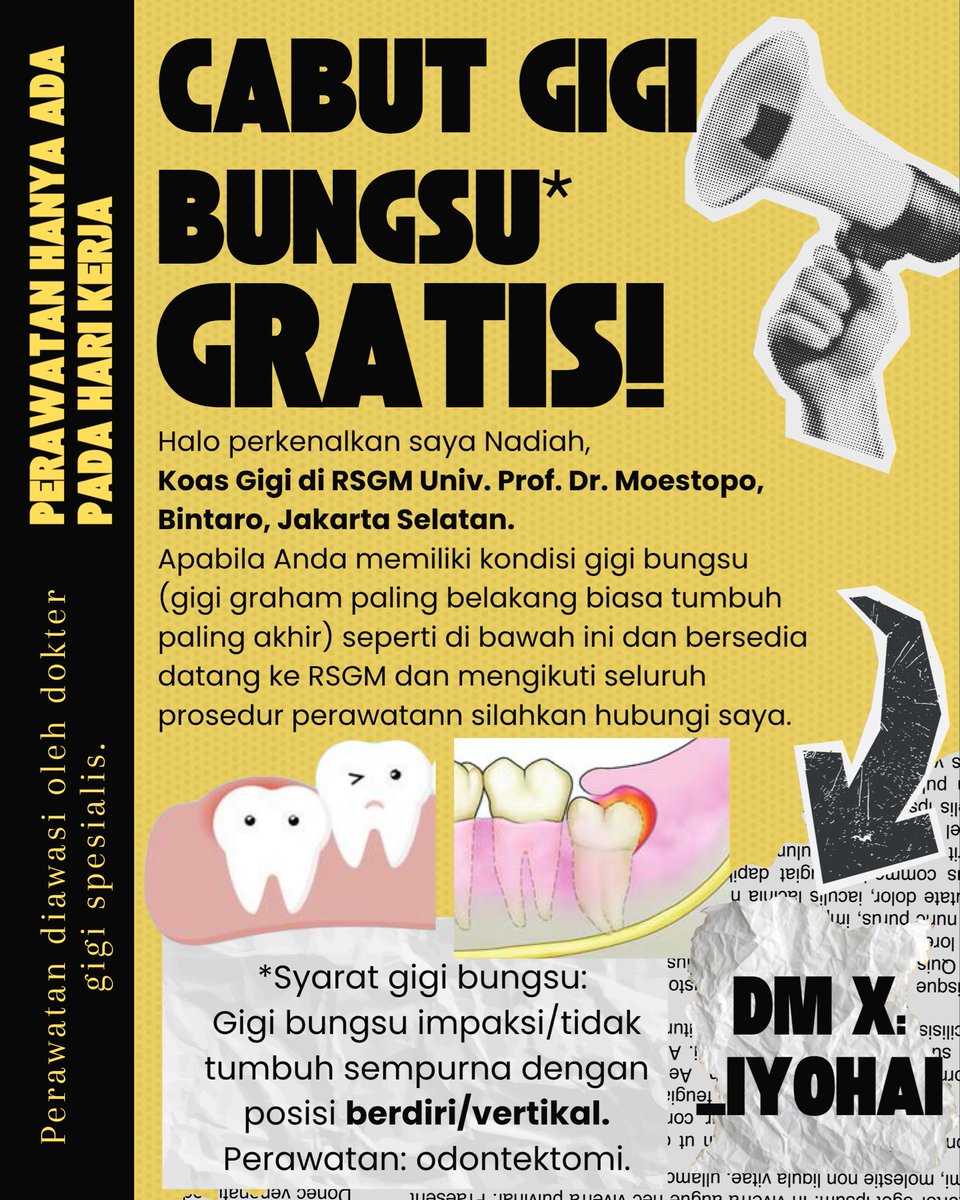 _iyohai's tweet photo. haloo, yang punya gigi bungsu posisi berdiri/vertikal dan ingin dicabut, boleh dm aku!! 
*ronsen, biaya pencabutan, dan obat semua free🥰🥰

feel free dm aku untuk tanya2😊

#cabutgigibungsu
#koasgigi 
#sakit 
#jakarta https://t.co/ZWHCI2zE3K