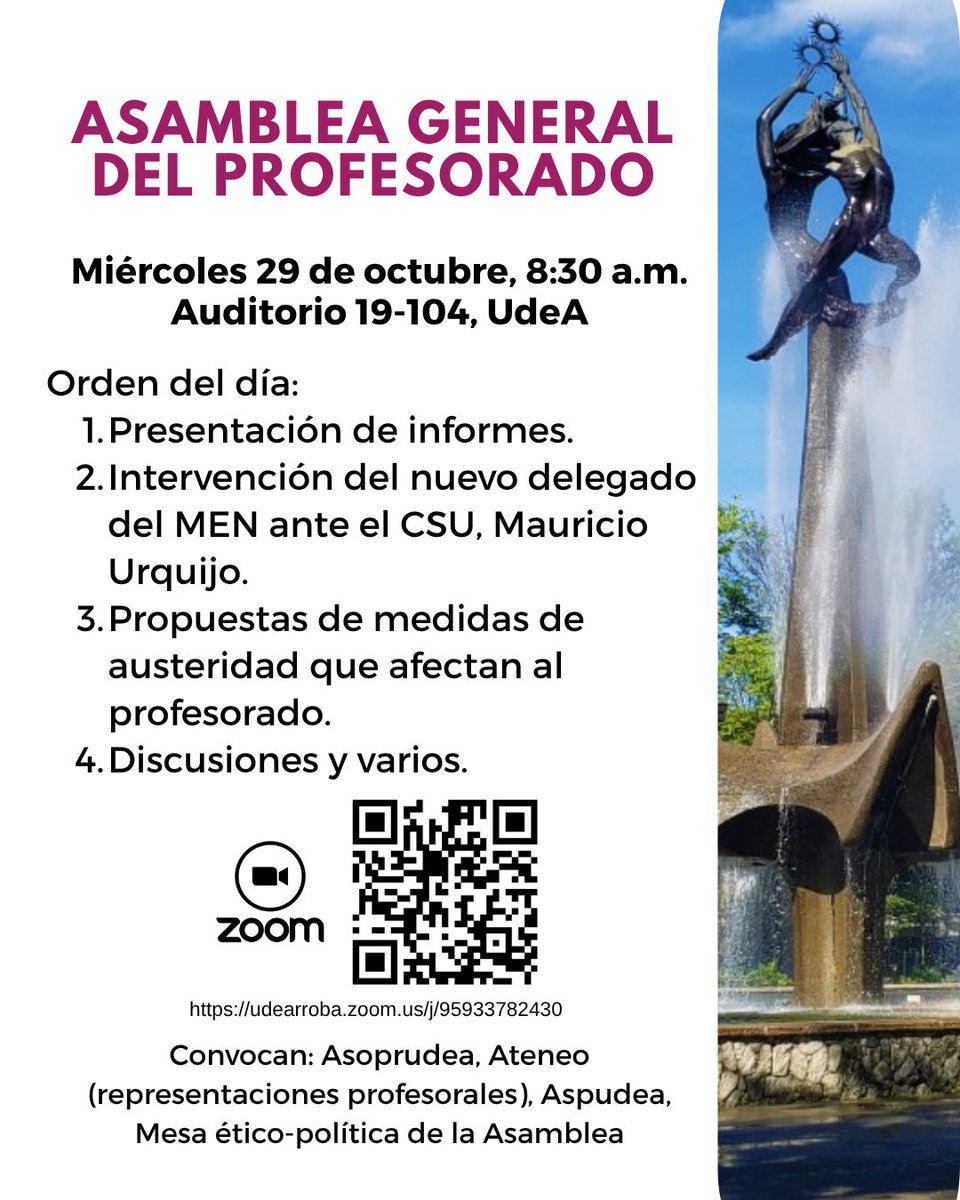 #AsambleaProfesUdeA
⚠️ 8:30 a.m.  
🗓️ Miércoles 29 de octubre
🕗 8:30 a.m. 
🏛️ Auditorio 19-104 <a href="/FIngenieriaUdeA/">Fac. Ingeniería UdeA</a> 

Convocan: Ateneo (Representaciones profesorales), Asoprudea, Aspudea, Mesa ético-política de la Asamblea