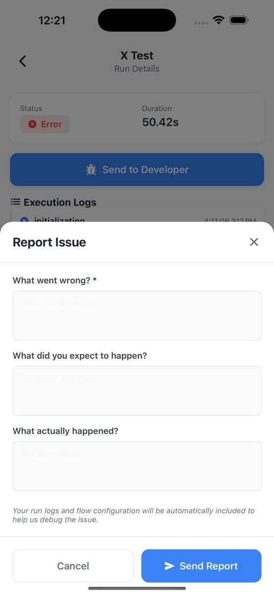LevisBotio's tweet photo. Built a full run tracking &amp; report system inside @NuroFlow_io. Users can now see execution logs, report issues, and I get the full debug context instantly.

No more “it didn’t work”. now I know why. 🔍 https://t.co/avLIMfPut3