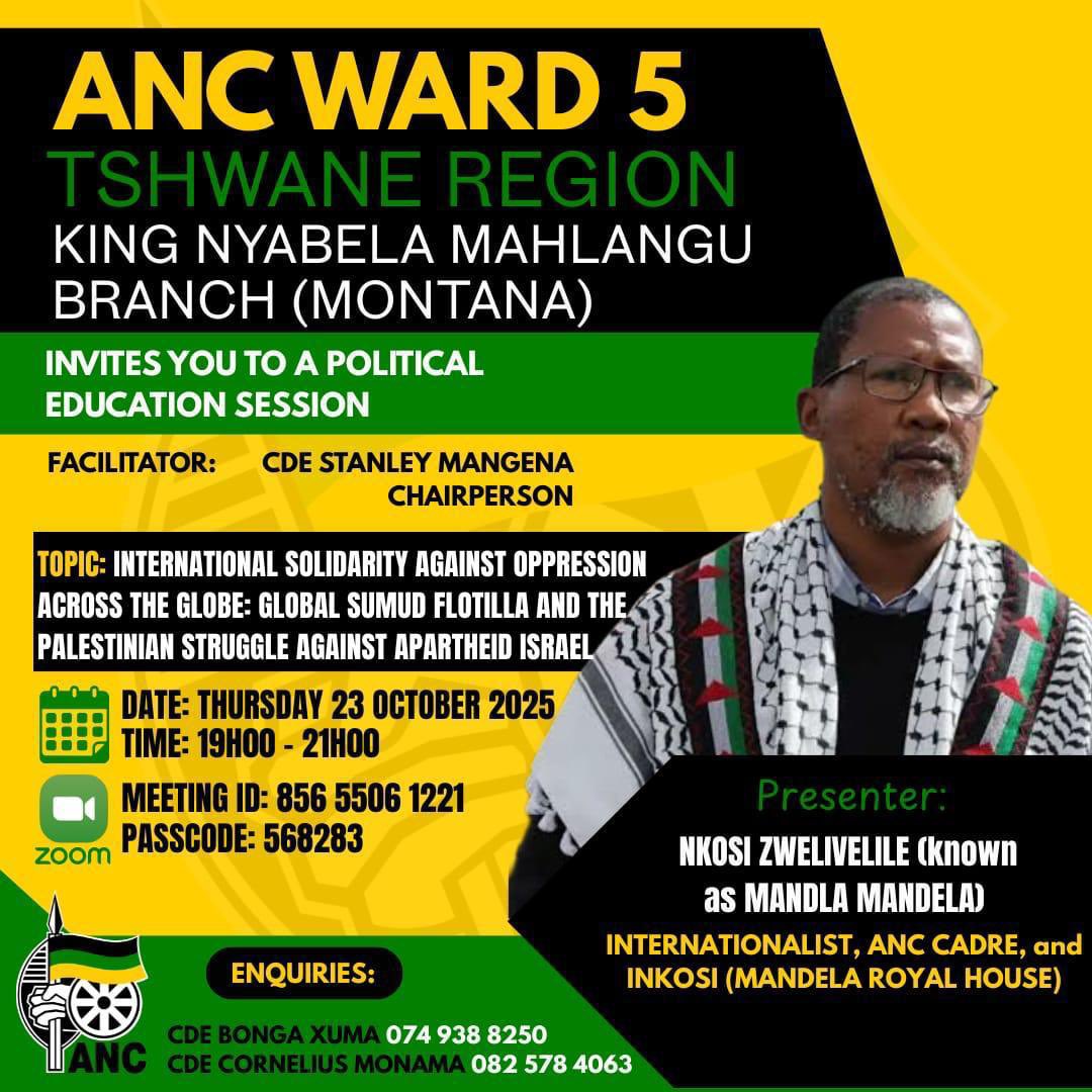 Join the political education session of one of the best <a href="/MYANC/">ANC - African National Congress</a> branches in the world. A branch that is Making the ANC Great Again. Thank you for your attention this matter. 

Join Zoom Meeting
us06web.zoom.us/j/85655061221?…

Meeting ID: 856 5506 1221
Passcode: 568283