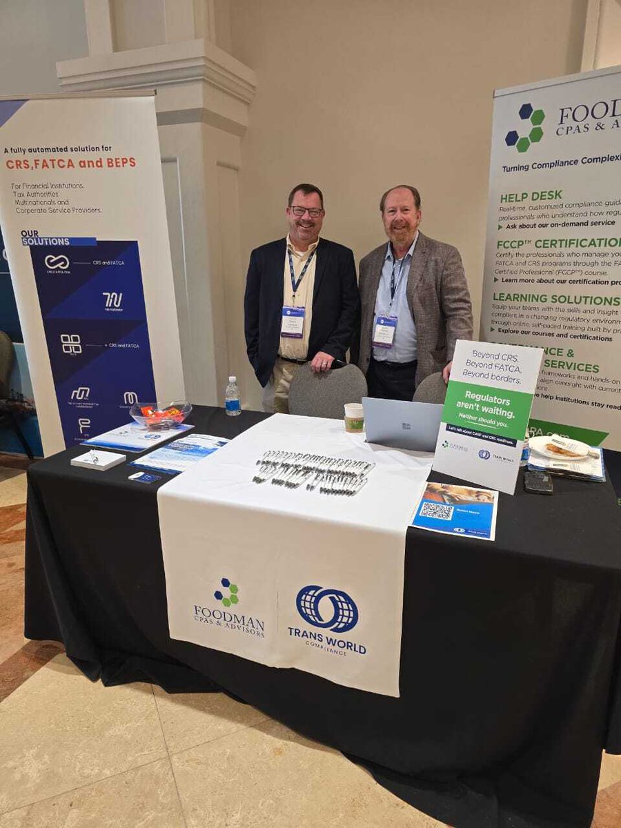TransWorldComp's tweet image. We’re live at CRCA 2025! Foodman CPAs &amp;amp; Advisors and Trans World Compliance are co-exhibiting today in St. Kitts.

We’re showcasing how our compliance expertise and cutting-edge software simplify reporting across jurisdictions.

#Compliance #RegTech #AML #CRS #FATCA