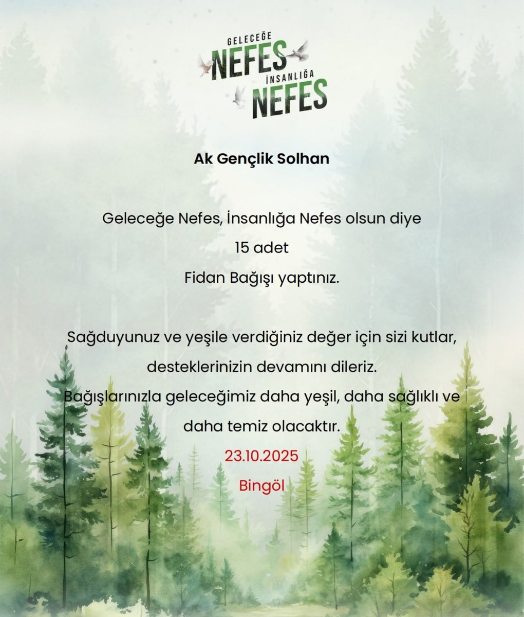 Yeşil Vatan Seferberliği kapsamında, Cumhurbaşkanımızın himayelerinde başlatılan 11 Kasım Milli Ağaçlandırma Günü yaklaşıyor!🌲 

Bu anlamlı günde, her birimiz bir fidan bağışlayarak geleceğe yeşil bir miras bırakabiliriz🌱

Sizler de gelecegenefes.gov.tr adresi üzerinden