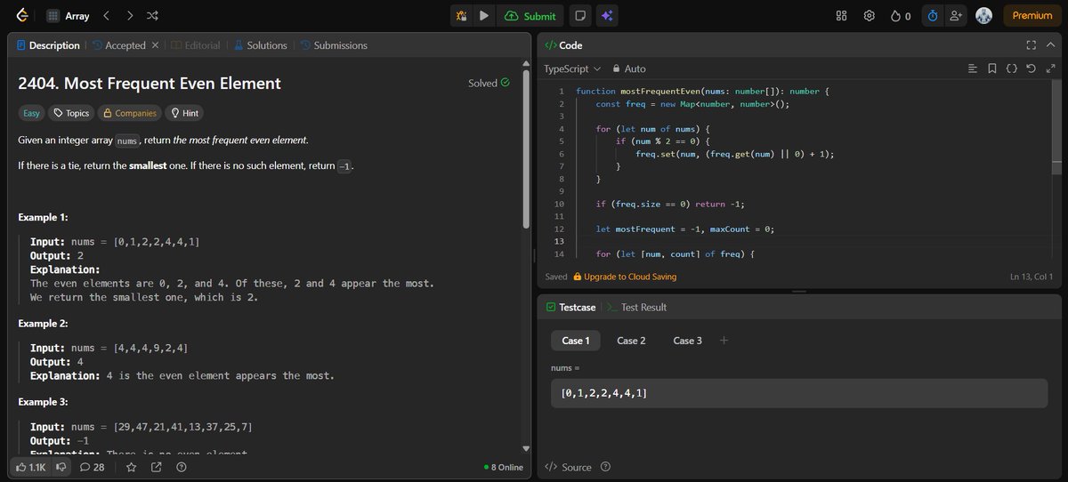 jitesh_mern_dev's tweet image. 🧠 Day 11 of my LeetCode Grind
Today’s problem: Most Frequent Even Element
Used a simple Map() to count frequencies of even numbers, then just picked the one with the highest count
#LeetCodeDailyGrind #100DaysOfCode #JavaScript #MERN #ProblemSolving #LeetCode