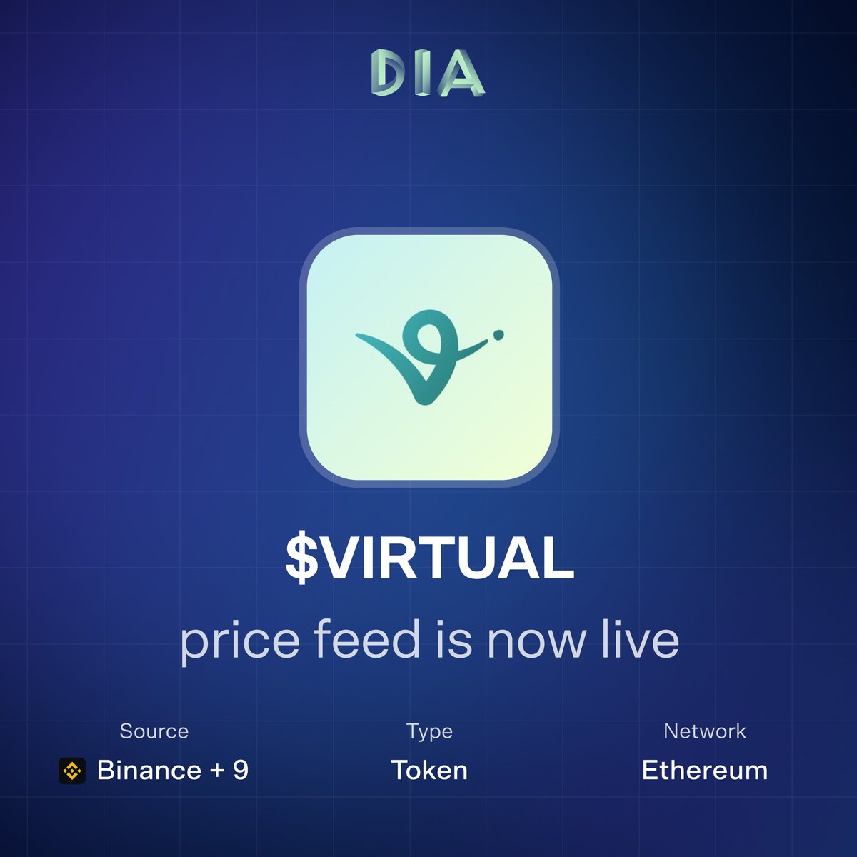 New price feed available: $VIRTUAL

<a href="/virtuals_io/">Virtuals Protocol</a> is an AI agent launchpad, enabling users to create, tokenize, and deploy autonomous AI agents across applications.

The $VIRTUAL feed is production-ready for DeFi integrations.

Access the feed: diadata.org/app/price/asse…