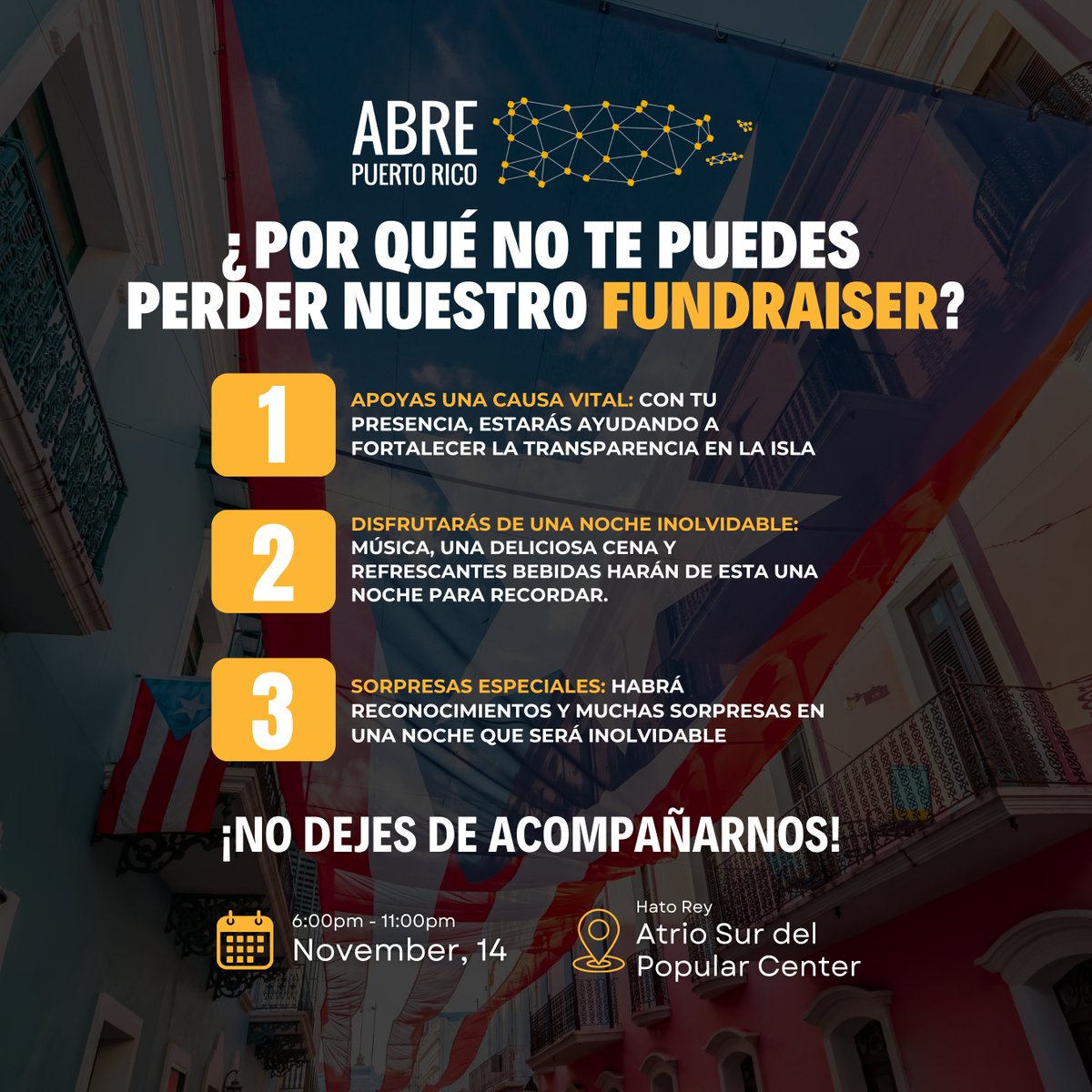 ¿Por qué no te puedes perder nuestro fundraiser?

-Apoyas una causa vital.
-Noche inolvidable.
-Sorpresas especiales.

Únete a nosotros y sé parte del cambio.