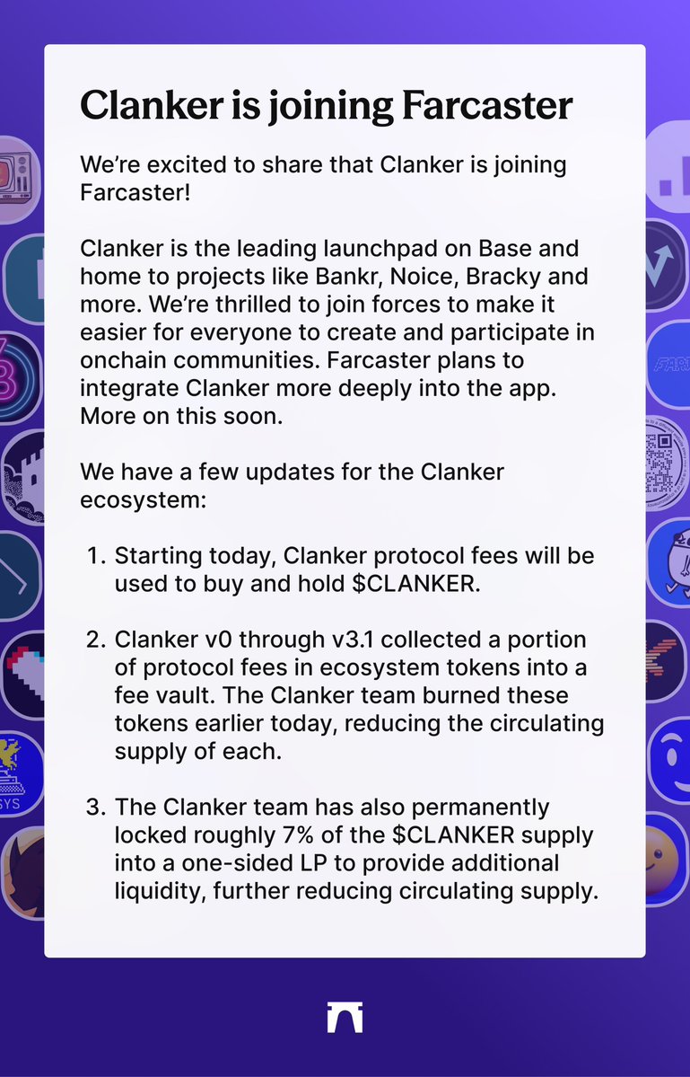 ClankerがFarcasterに参加する発表グラフィック