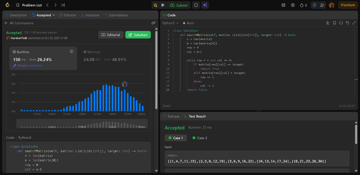 Patil_Harshal_5's tweet image. 🚀 Day 73 of #100DaysOfDSA 🚀
LeetCode 240 — Search a 2D Matrix II
🔹 Problem:
Find whether a target exists in a sorted 2D matrix (rows and columns are sorted).
🔹 Approach: Staircase Search (Top-Right Start)
#LeetCode #DSA #Matrix #BinarySearch #Pytho