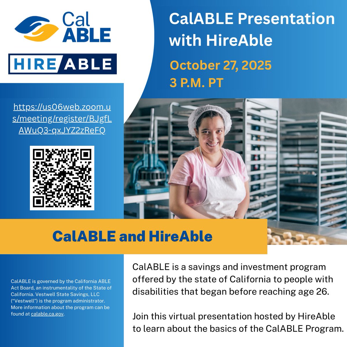 ACWDB's tweet image. 💻 Learn how CalABLE helps people with disabilities save and invest!
Join the CalABLE Presentation with HireAble 🗓️ Oct 27, 2025 | 🕒 3 PM PT
🔗 Register: bit.ly/CalABLEHireAble
#workforce #CalABLE #HireAble #FinancialInclusion