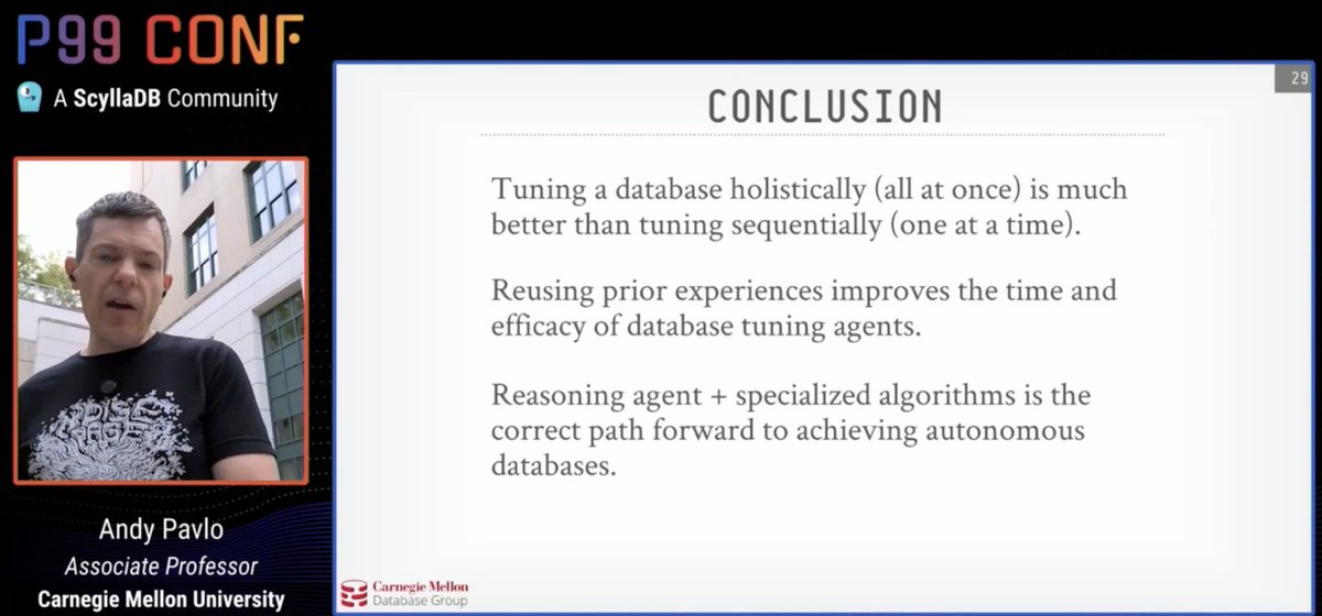 debasishg's tweet image. A futuristic talk by @andy_pavlo at #P99CONF by #ScyllaDB on using LLMs for tuning databases. And the future is agentic .. Reasoning Agent + specialised algorithms for tuning databases ..

a great talk as usual ..