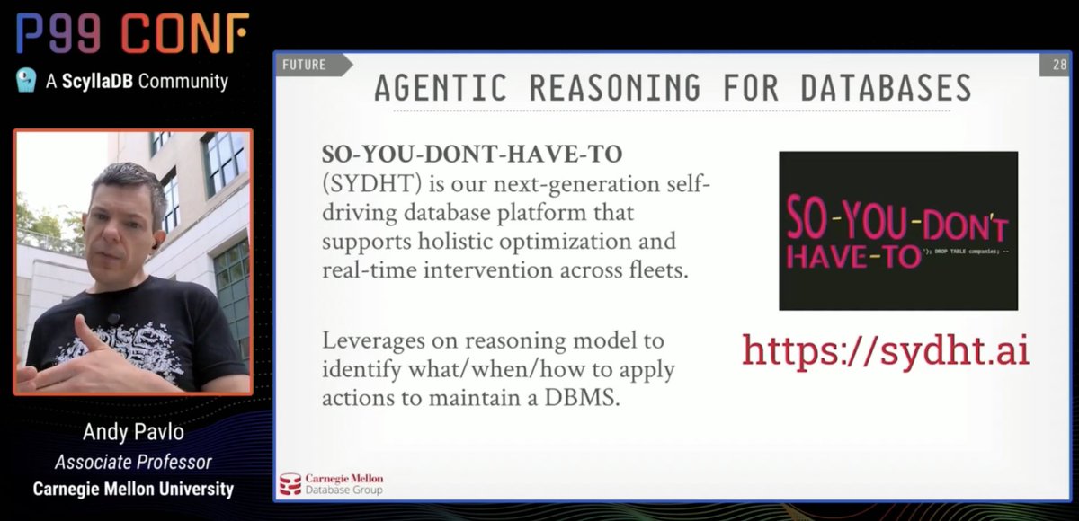 debasishg's tweet image. A futuristic talk by @andy_pavlo at #P99CONF by #ScyllaDB on using LLMs for tuning databases. And the future is agentic .. Reasoning Agent + specialised algorithms for tuning databases ..

a great talk as usual ..