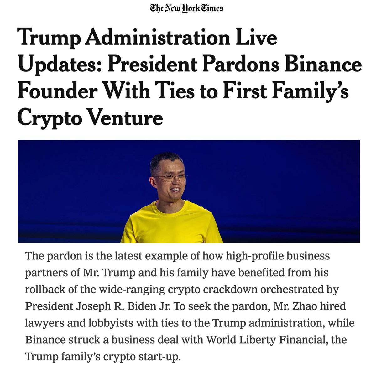 DarrigoMelanie's tweet image. Trump pardoned billionaire Changpeng Zhao, whose crypto company Binance partnered with Trump's crypto company in a deal that will generate tens of millions of dollars for Trump and his family each year.
This is what a shamelessly corrupt oligarchy looks like.