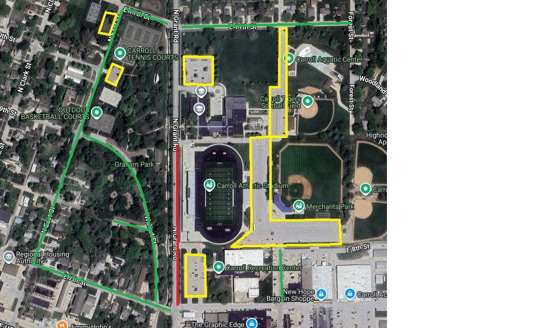CarrollPolice's tweet photo. Two home football games on Friday night will bring large foot and vehicle traffic around the stadium. The map shows parking lot areas in yellow, street parking in green, and a road closure in red. https://t.co/MMkuLA7MWe