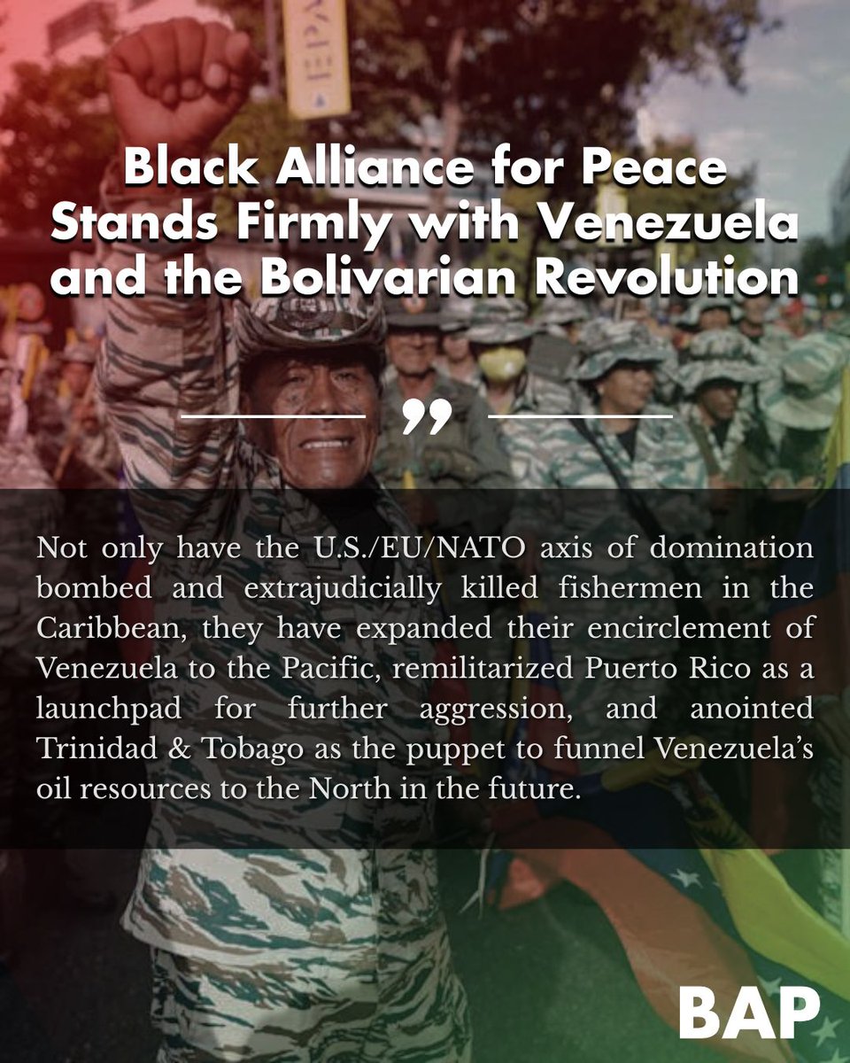 Blacks4Peace's tweet image. U.S. lawless attacks throughout the Caribbean and Pacific, military buildup on various islands, strikes against Venezuela, antagonism against Colombia, and threats to escalate to land bombings are plunging the Americas to the brink of war.