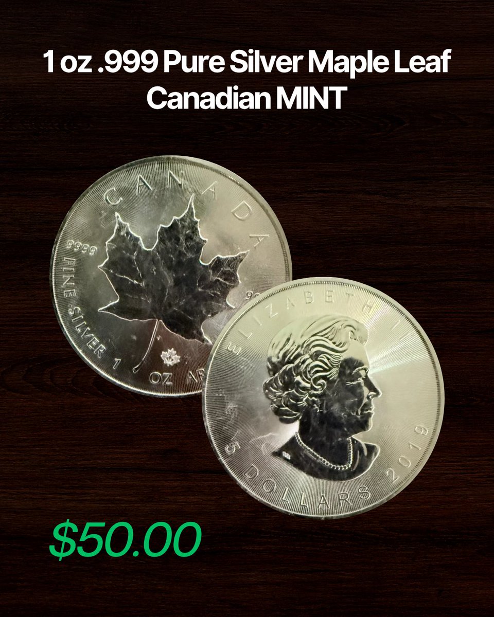 peer_metals's tweet image. $50.00 Maple Leaf — 1 oz 2019 BU.  

Pure .9999 silver.  

Brilliant Uncirculated.  

Globally trusted coin.  

#MapleLeaf #SilverCoins