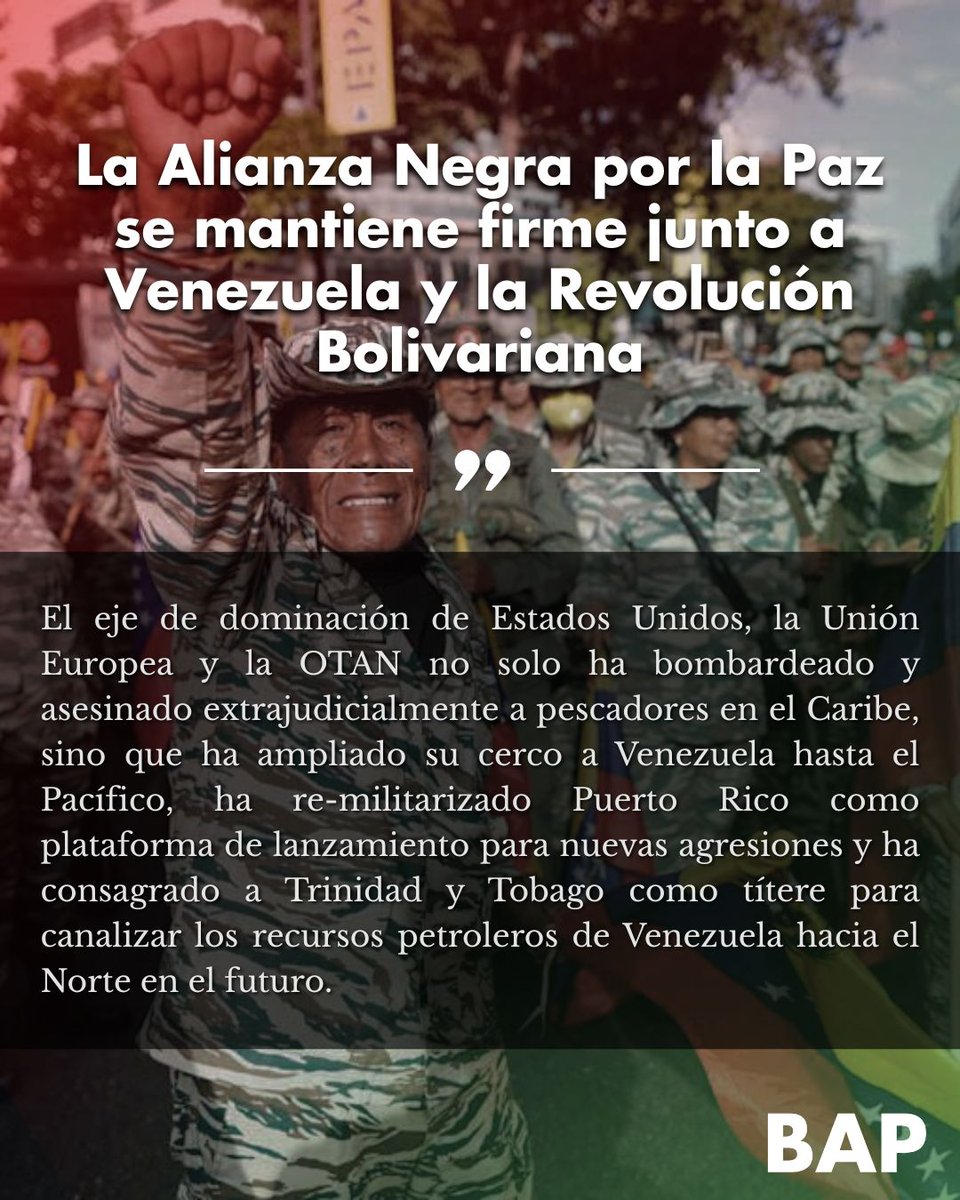 Blacks4Peace's tweet image. U.S. lawless attacks throughout the Caribbean and Pacific, military buildup on various islands, strikes against Venezuela, antagonism against Colombia, and threats to escalate to land bombings are plunging the Americas to the brink of war.