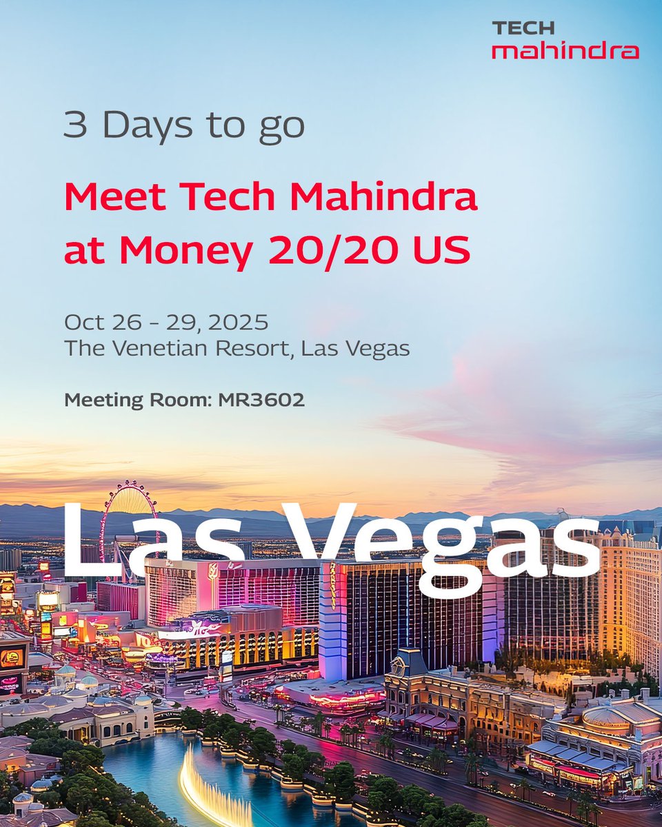 tech_mahindra's tweet image. Only 3 days to go! 🕒

@tech_mahindra is proud to be a Sponsor at Money 20/20 Las Vegas- the global stage for financial #innovation.

We’re excited to connect with our clients and partners in Meeting Room MR 3602 to explore how we can shape the future of finance together.

From…