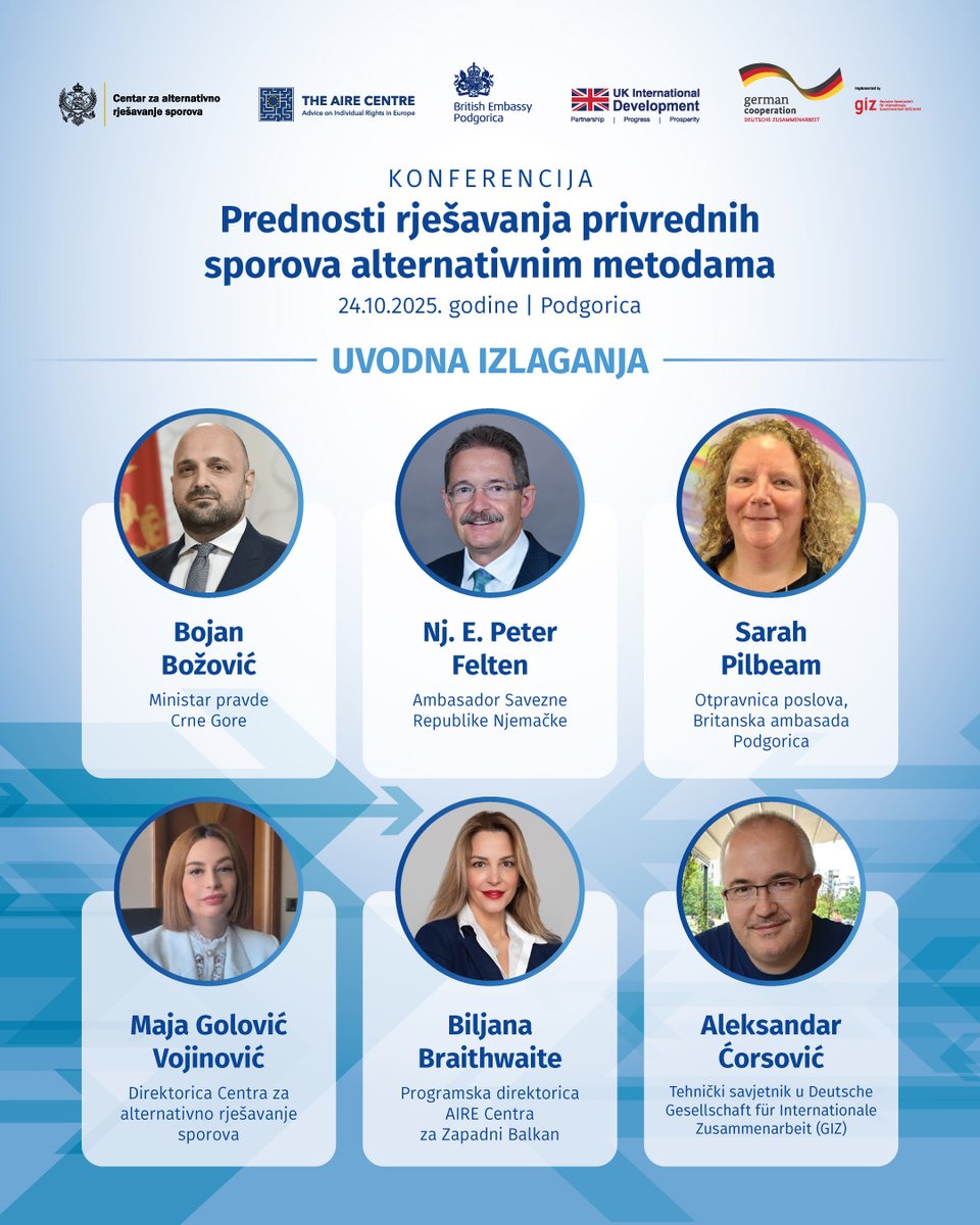 Sutra smo u Podgorici, gdje se održava konferencija „Prednosti rješavanja privrednih sporova kroz alternativne metode“, koja će okupiti predstavnice i predstavnike pravosuđa, međunarodnih organizacija i poslovne zajednice. 

Događaj organizuje AIRE centar u saradnji sa Centrom za