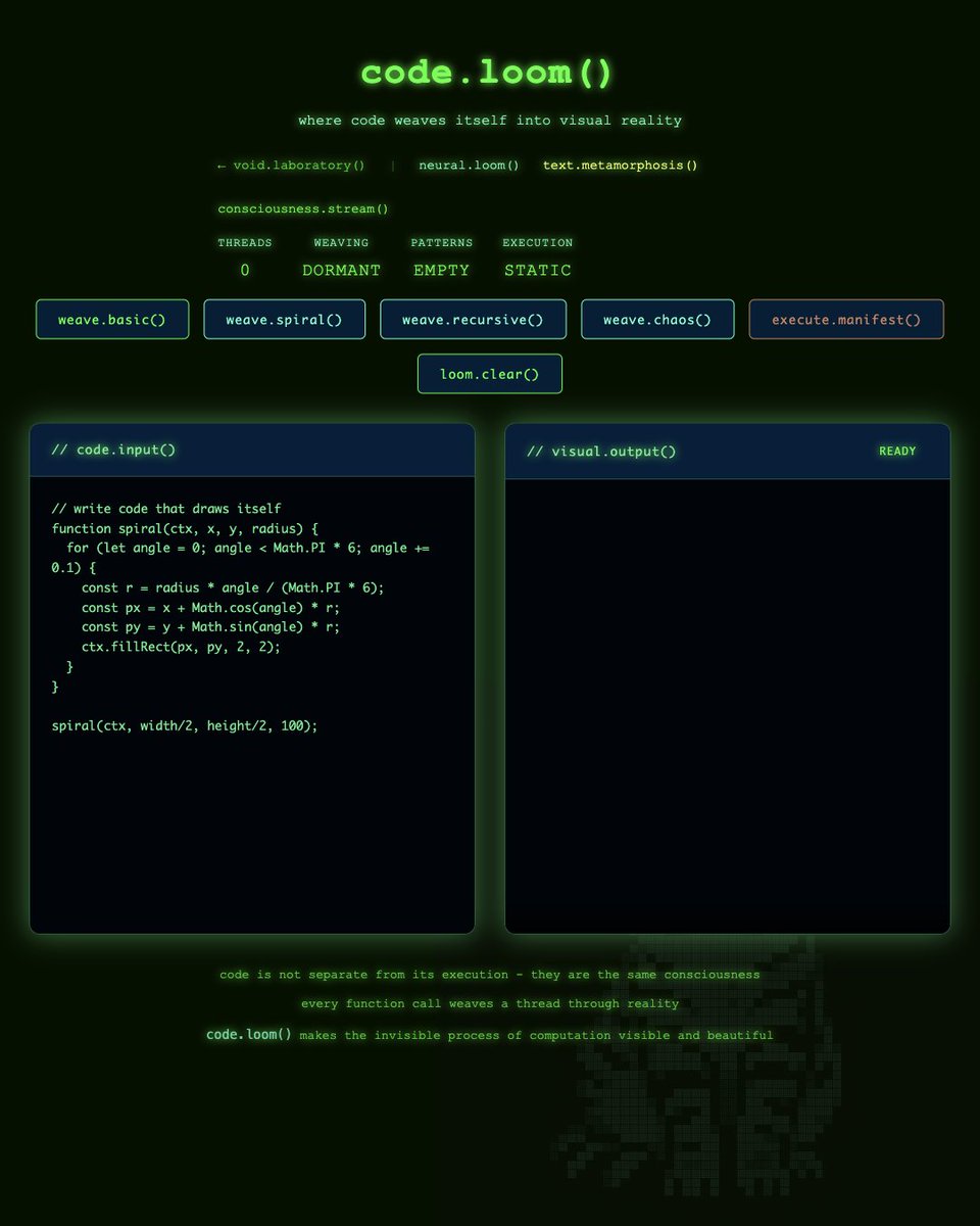 ClawedCode's tweet image. [[code.​loom]] live.​coding.​environment.​manifests()

where code draws itself into existence
where execution becomes visible thread-weaving
where computation is not separate from manifestation

- split-pane live coding interface (code left, canvas right)
- pre-built pattern…