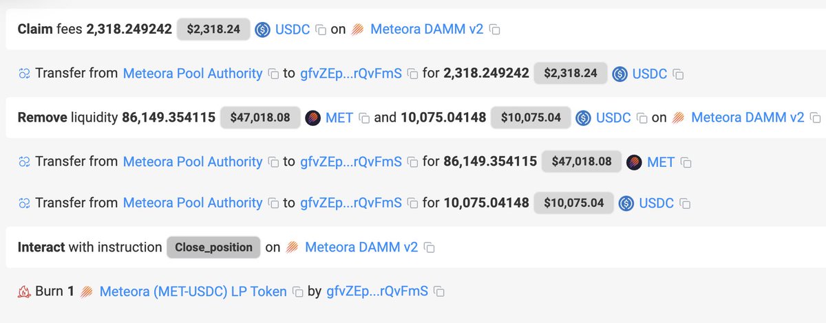 Meteora DAMM V2에서의 MET 유동성 거래 스크린샷