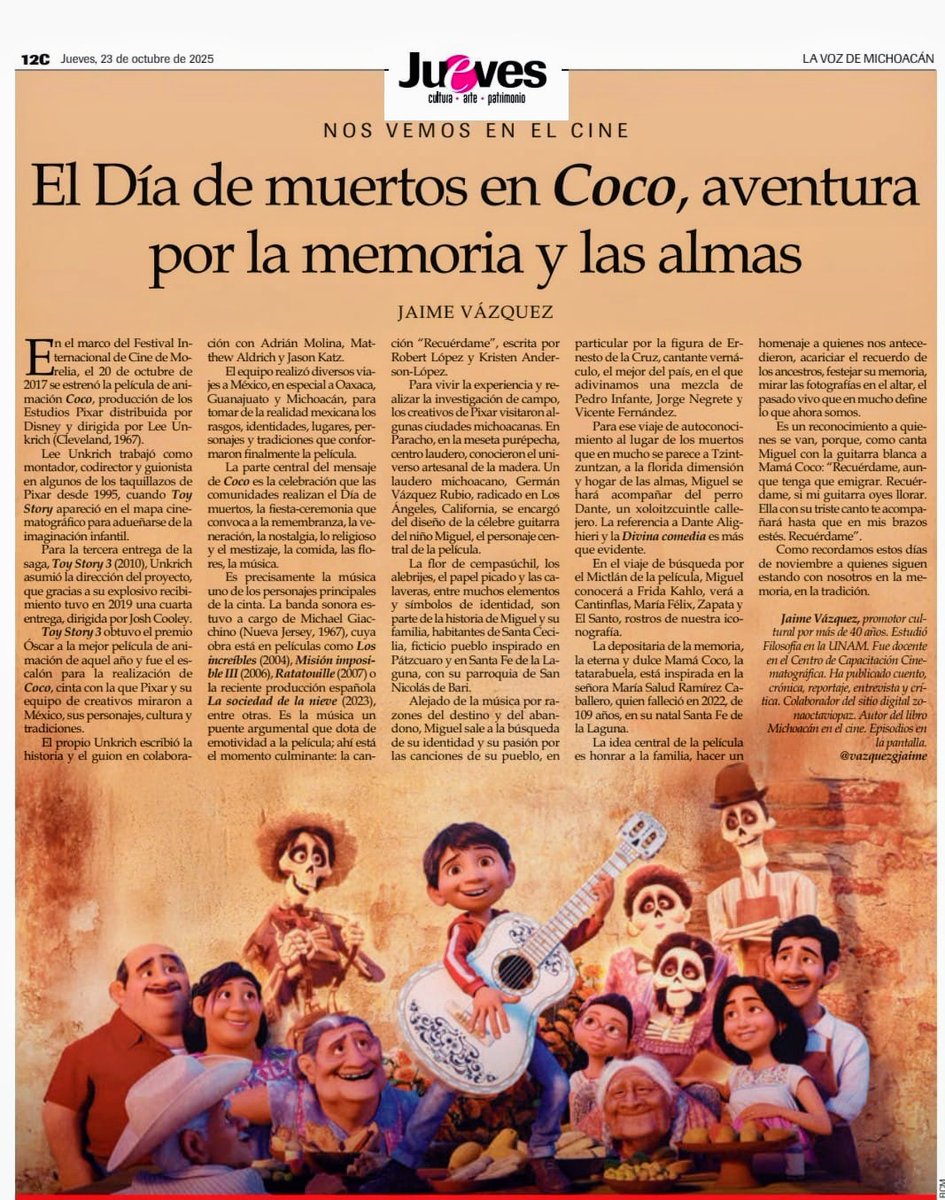 "Coco", particular mirada y recorrido por el mundo de los difuntos, la tradición mexicana a través de la animación. Una nota publicada en el suplemento cultural Jueves de <a href="/vozmichoacan/">La Voz de Michoacán</a>