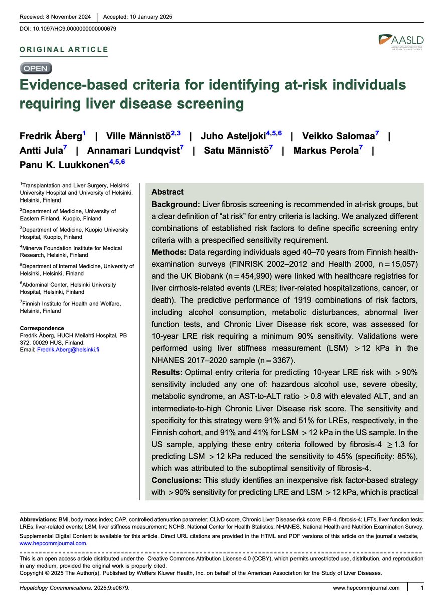 JoseAyonM's tweet photo. 📑Evidence-based criteria for identifying at-risk individuals requiring liver disease screening.

🟢A way to predict LSM >12kPa based in two steps with risk factors (CLivD score, AST:ALT ratio, metabolic syndrome)  and then a FIB-4 >1.3.

DOI: 10.1097/HC9.0000000000000679 https://t.co/jT8eCKwgzZ