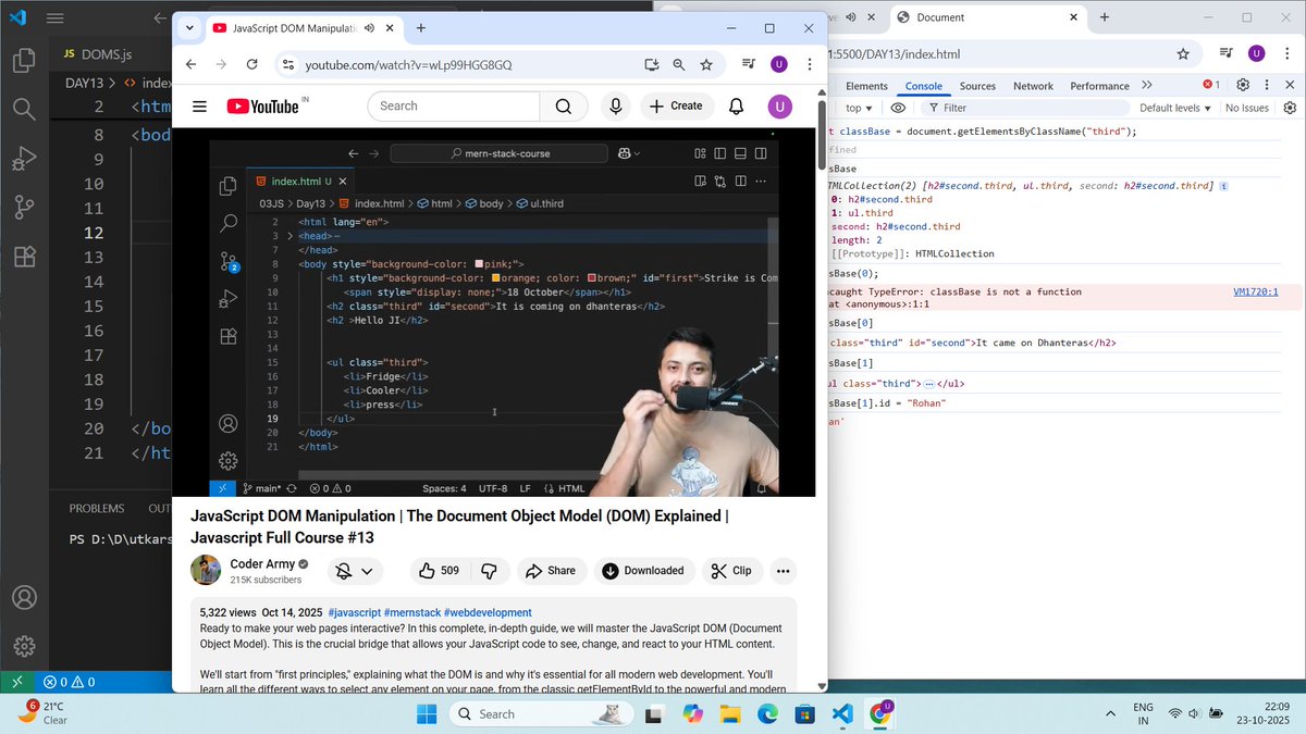 UtkarshVer28662's tweet image. DAY28:(of learning web dev with @rohit_negi9 sir)

Done with Introduction of DOM.

#100DaysOfCode #coderarmy