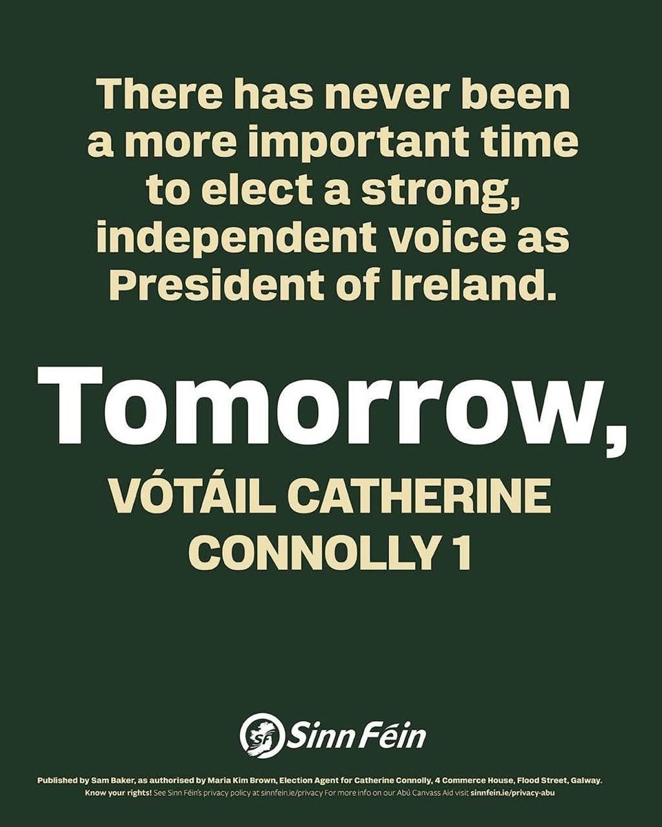 Tomorrow, your vote can make a difference🗳

If you want a strong, independent voice as President of Ireland, come out and vote Catherine Connolly 1