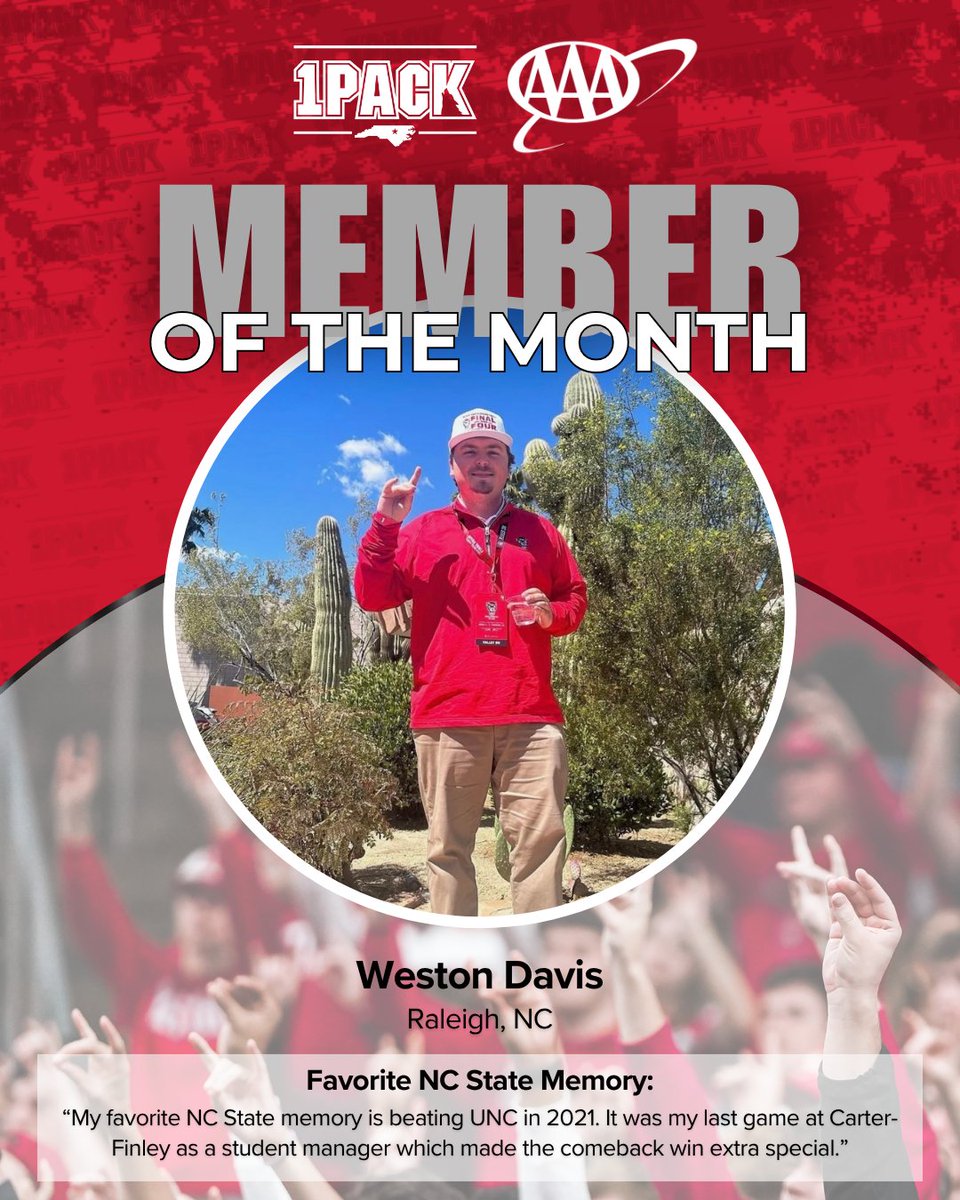 OnePackNIL's tweet photo. This month's AAA Member of the Month is NC State Alumni Weston Davis! 🙌 

Thank you for continuing to support NC State student-athletes, Weston!

#OnePack #NCState #NIL #AAA https://t.co/YHE6Pt2X5L