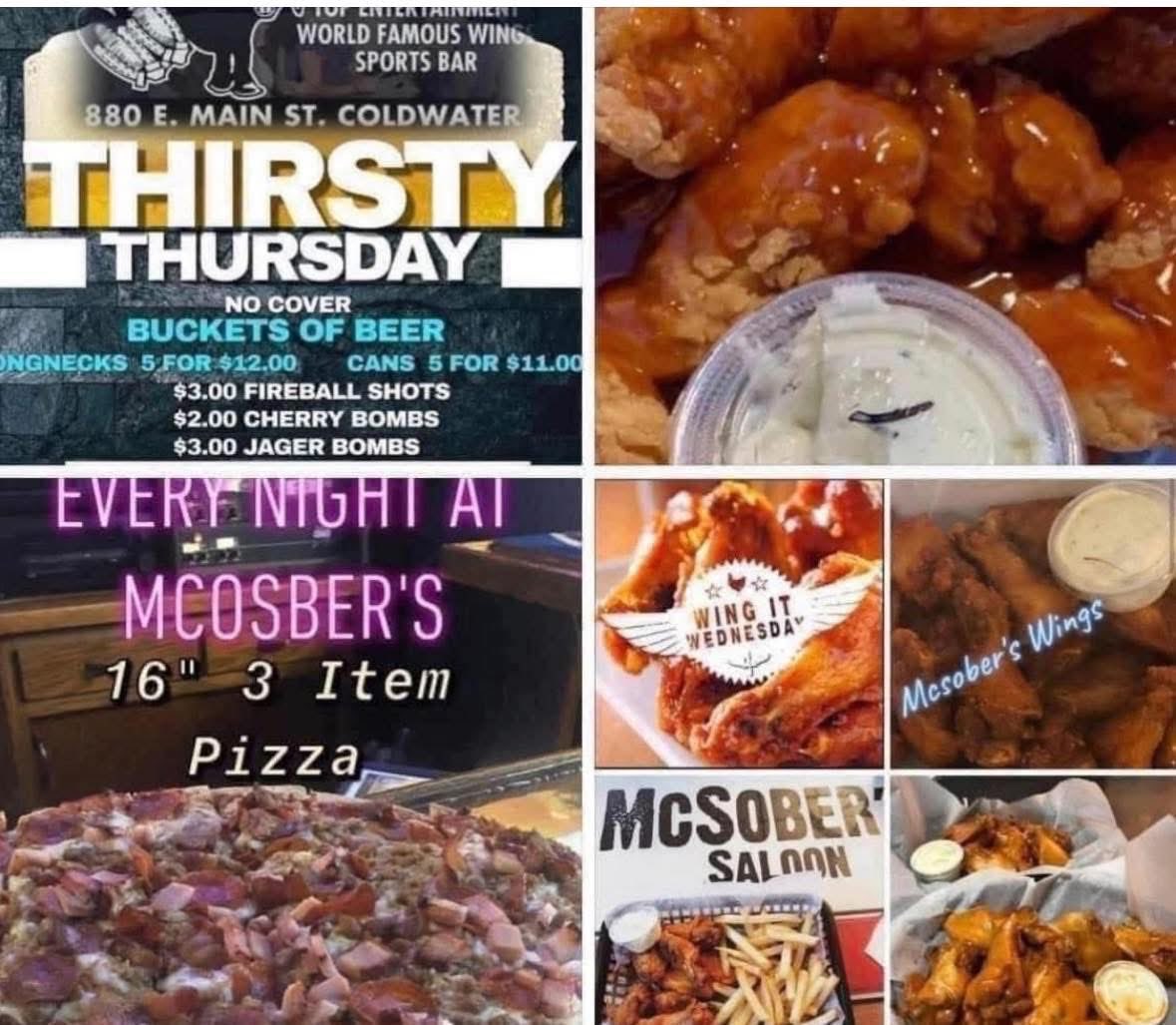 🚨Thirsty Thursday at Mcsober’s🚨
🍺Buckets of Beer 
(5-$12 Cans /5-$13 Bottles)
👉🏻0.75 Chunks (Dine in or To Go)
🍗Chicken Dinner Specials (4pc- $9.49)
🍕Try our NEW Mcsober’s Pizza 
🍒$2.00 Cherry Bombs 
🔥$3.00 Fireball 
💣$3.00 Bombs 
👉🏻Mcsobers Weekly Drawing

#mcsobers