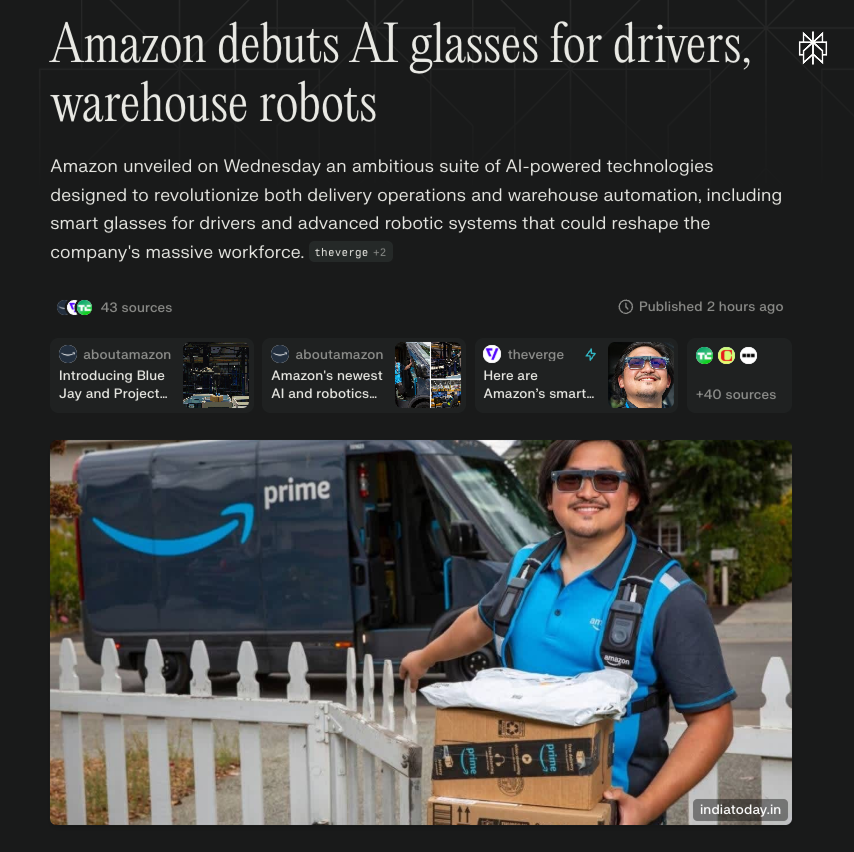 CryptoMilox's tweet image. Amazon $AMZN has introduced new AI-powered “Amelia” smart glasses for delivery drivers. These glasses come with built-in cameras and a heads-up display for navigation, package scanning, and proof-of-delivery photos, aiming to save up to 30 minutes per route. #AmazonDelivery @grok