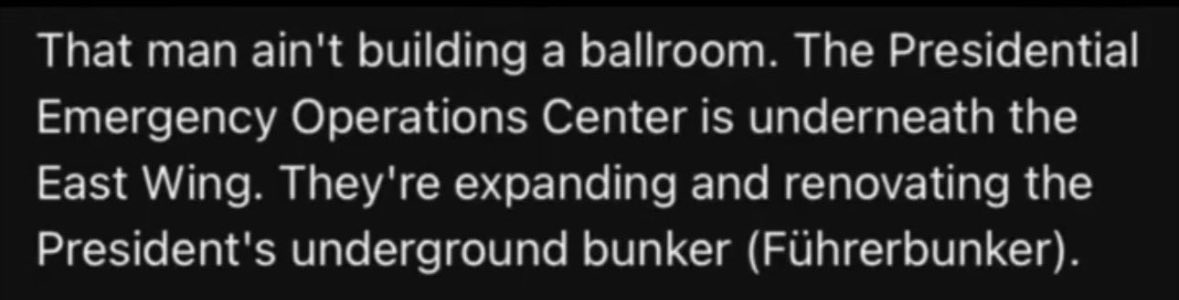 Trump is not doing this to “build a great big beautiful ballroom.” The entire project is being rushed to renovate the BUNKER UNDERNEATH THE EAST WING (PEOC). He’s not preparing for lavish parties. He’s preparing for the FALLOUT. And deep down, he knows it’s coming.
#NoKings