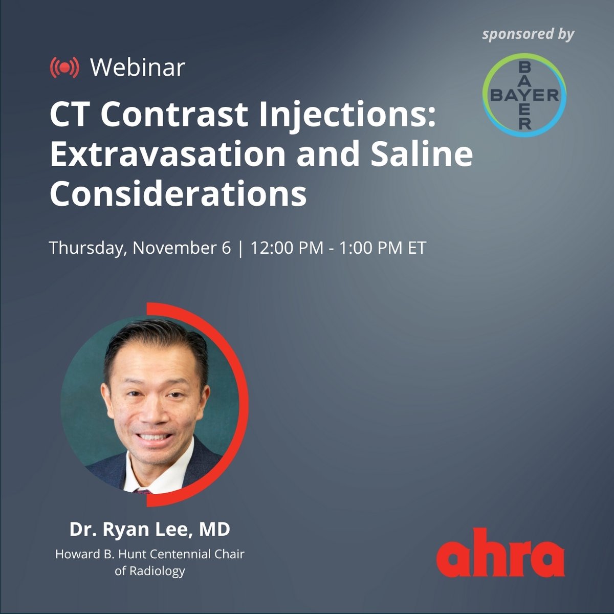 Optimize your CT contrast workflow!

Join us Nov 6, 12-1 PM ET for “CT Contrast Injections: Extravasation &amp; Saline Considerations” with Dr. Ryan Lee, MD. CE credit available. Free for AHRA members &amp; non-members.

🔗 account.ahra.org/integratedEven…

#ContinuingEducation #CTImaging #AHRA