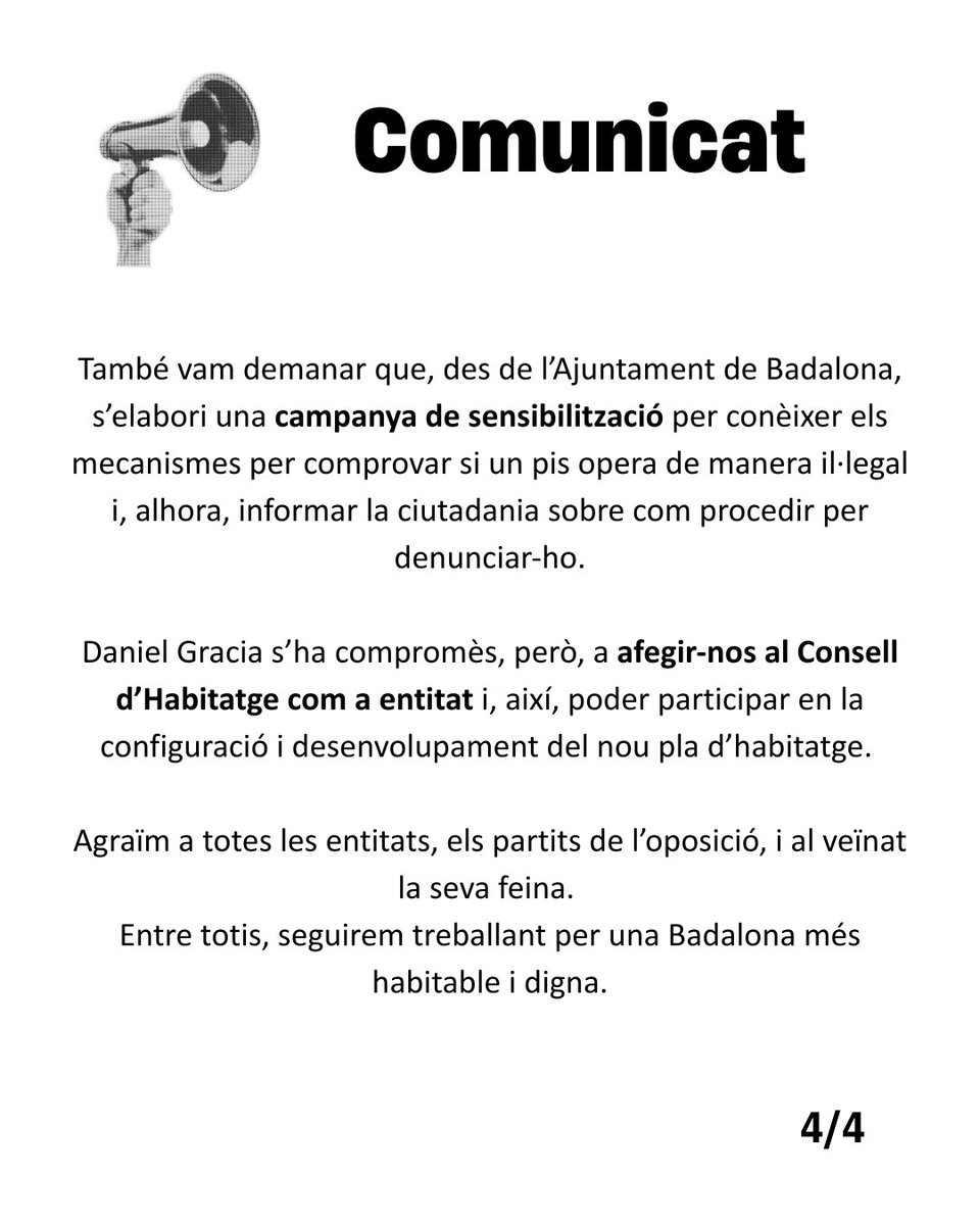 Gràcies a l’autoorganització,força veïnal i coordinació entre
entitats de #Badalona s'han aconseguit primers avenços per derogar la modificació de la normativa dels Habitatges d’Ús Turístic (HUTs) i prohibir-los 📝 Comunicat 👇