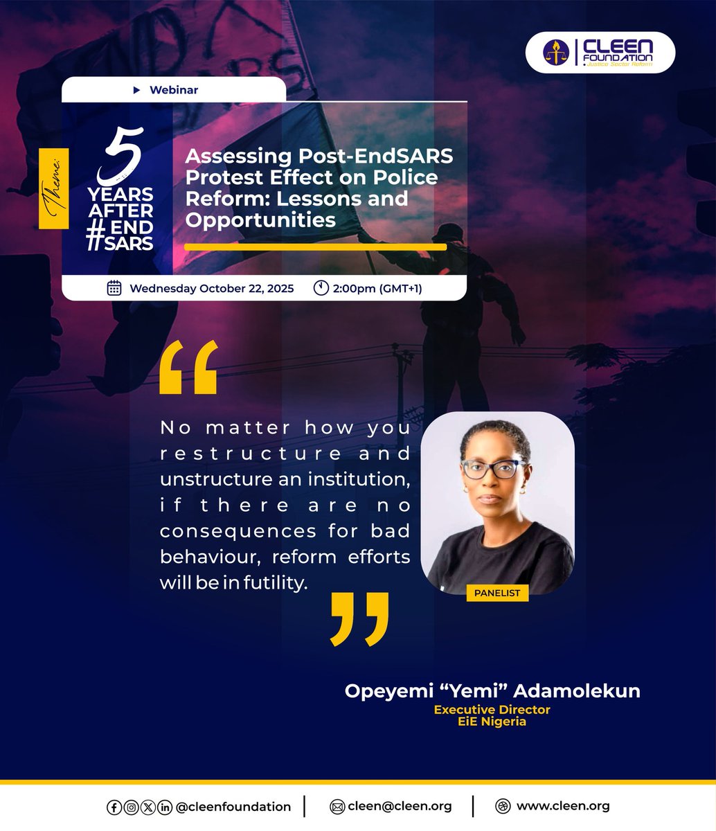 cleenfoundation's tweet image. If you missed out on our conversation yesterday. Here are some key takeaways from the conversation.

Thank you to our amazing Keynote Speaker and discussants.

#Endsars #cleenfoundation #policereform