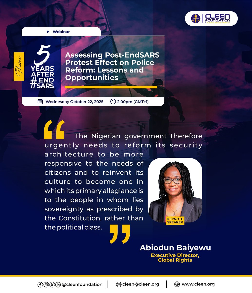 cleenfoundation's tweet image. If you missed out on our conversation yesterday. Here are some key takeaways from the conversation.

Thank you to our amazing Keynote Speaker and discussants.

#Endsars #cleenfoundation #policereform