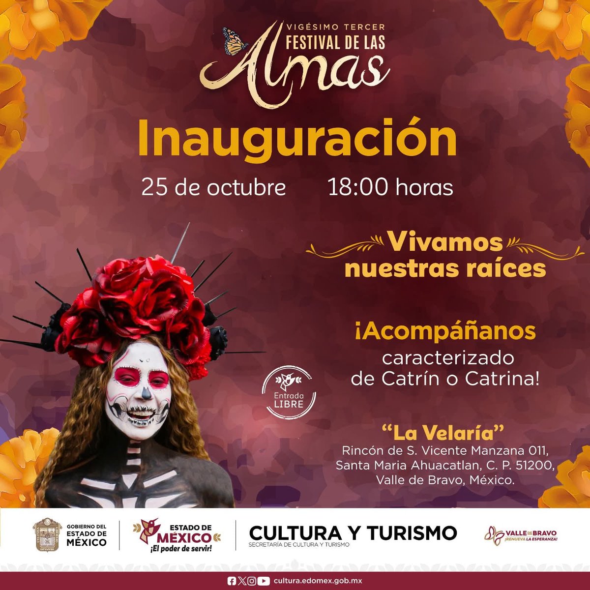 Este sábado 25 de octubre se llevará a cabo la inauguración del #FestivalDeLasAlmas a las 18:00 horas, en la Alameda Bicentenario "La Velaria" en #ValleDeBravo
Celebra el Día de Muertos con música y tradición, asiste disfrazado de catrín o catrina.💀🎉 #ElPoderDeServir