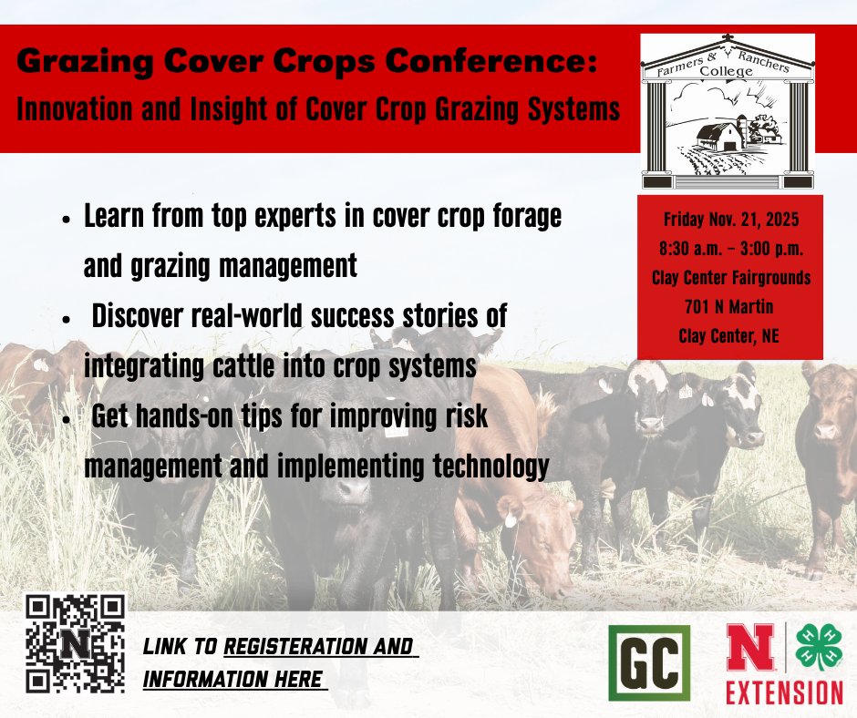 UNLFRCollege's tweet photo. 🌾 The 2025–2026 Farmers &amp; Ranchers College kicks off with a Cover Crop Grazing Conference on Nov. 21, 2025, at the Clay County Fairgrounds in Clay Center, NE! Join us for this year’s Cow/Calf College—learn strategies for success with cover crops! #NebExt @CountyFillmore https://t.co/hgkiPmd2kp