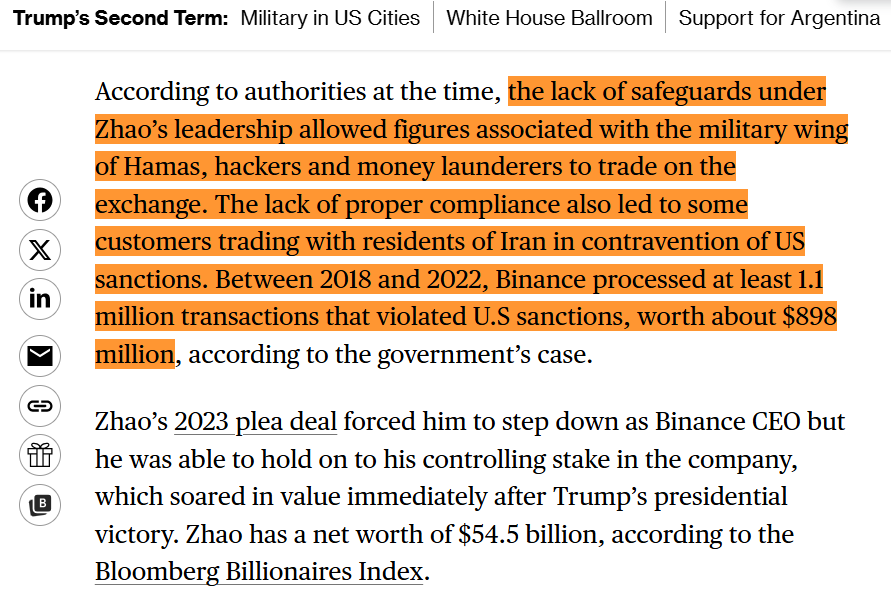 Fritschner's tweet image. "Between 2018 and 2022, Binance processed at least 1.1 million transactions that violated U.S sanctions, worth about $898 million"
Mike Johnson loves to talk about how Democrats are "pro-Hamas." Trump just pardoned the guy who gives Hamas all their money
bloomberg.com/news/articles/…