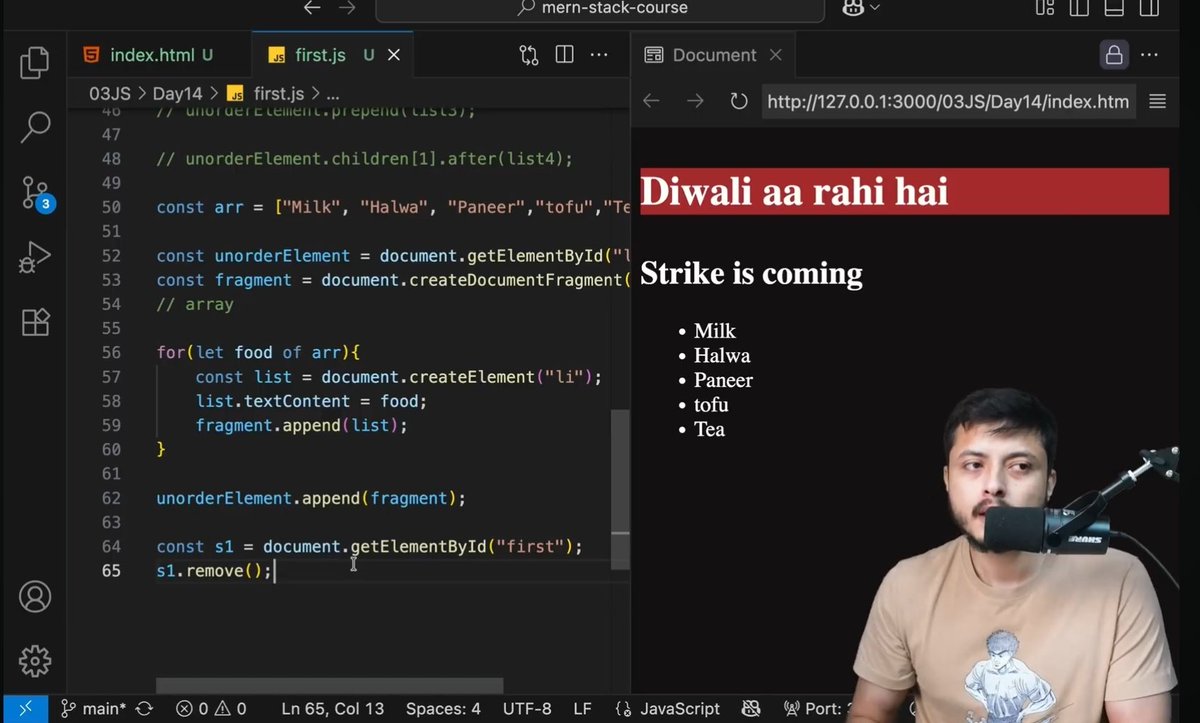 vkajal10's tweet image. Day 29 #BuildInPublic
📌Today's learnings:
🔹️Editing content inside element
🔹️.innerHTML, .text Content, .innerText
🔹️Handling CSS: .add,.remove
🔹️append, prepend, before, appendChild
🔹️DocumentFragment
#100DaysOfCode #CodingJourney #WebDevelopment #JavaScript