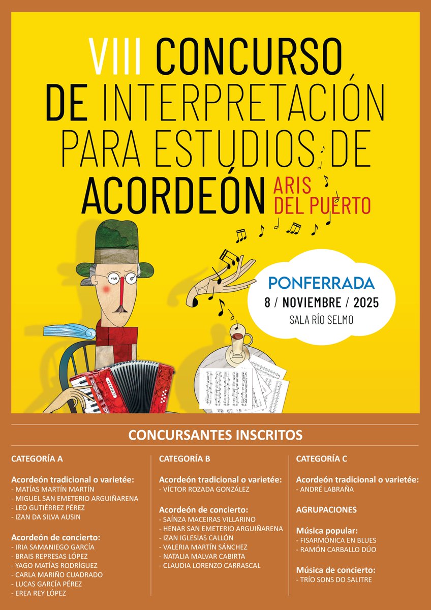 Ya está disponible el listado de concursantes inscritos para el VIII Concurso de Acordeón "Aris del Puerto".
Actúan el próximo 8 de noviembre en la Sala Río Selmo de #Ponferrada
acortar.link/vjmove
#Concursos #Acordeón #música #Arisdelpuerto #elbierzo @ayto_ponferrada