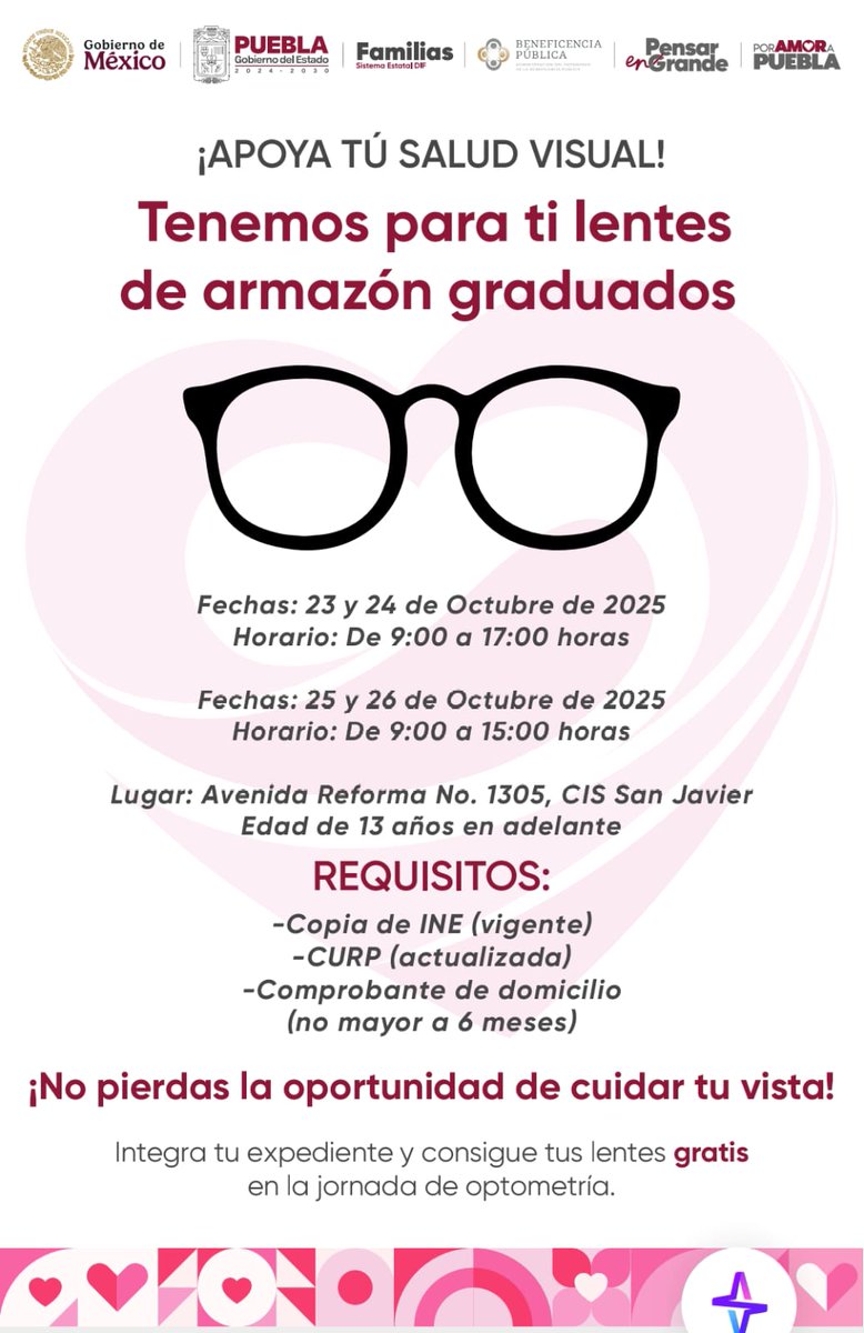 DIFGobPue's tweet photo. 👓 Gracias al liderazgo de #CeciArellano y al apoyo del @Gob_Puebla, más poblanas y poblanos fortalecen su salud visual con lentes graduados. 🩷

📅 23 al 26 de octubre | Av. Reforma 1305, CIS San Javier.

#PorAmorAPuebla https://t.co/Q82AqNG9Cx