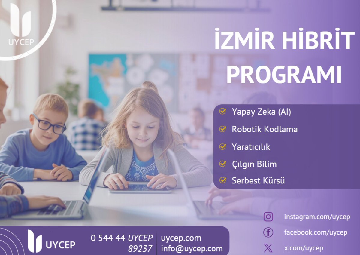 uycep's tweet image. İzmir UYCEP Başlıyor!

🌟 UYCEP Hibrit Eğitim Programı ile Geleceğe Hazırlanın! 🚀

#UYCEP #HibritEğitim #RobotikKodlama #YapayZeka #Logic #Yaratıcılık #SerbestKürsü #izmir #eğitim #online #hibriteğitim #ustunzekalilar #ustunzeka #ustunyetenek #ozelyetenek