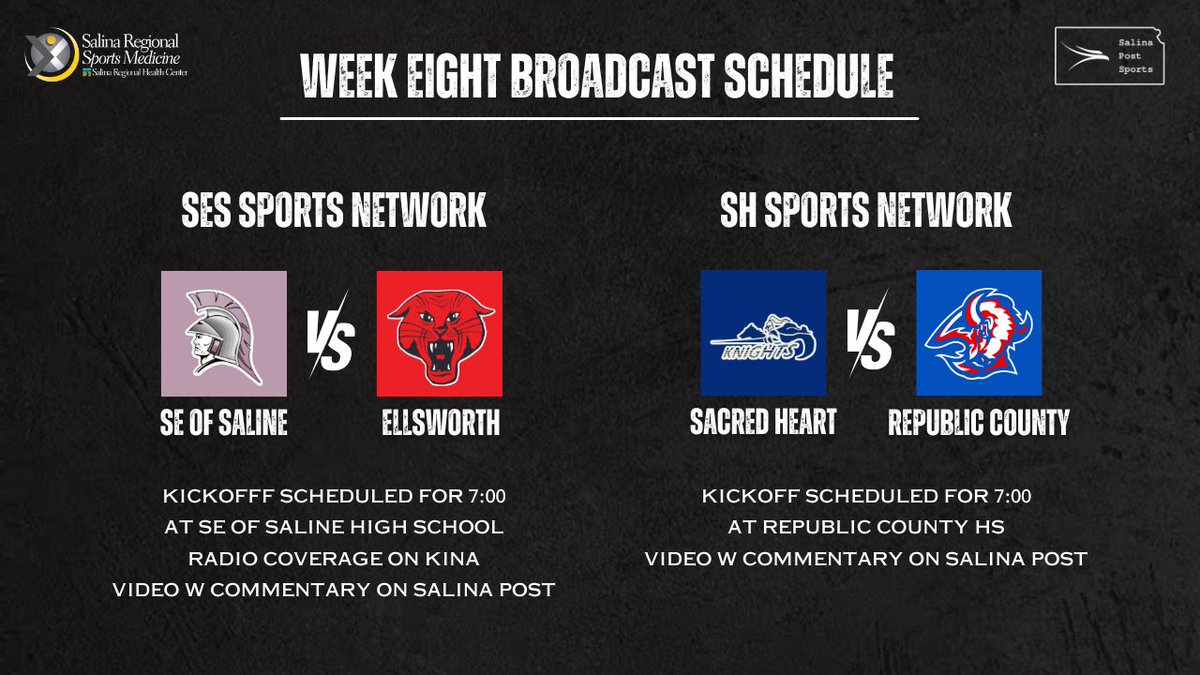 We have two CRUCIAL broadcasts for you this week in games that will decide district championships

🏈 <a href="/SESTrojanFB/">Trojan Football</a> vs. <a href="/USD327Bearcats/">USD #327 Ellsworth/Kanopolis/Geneseo</a> 
📺 youtube.com/watch?v=_Gayju…

🏈 <a href="/SacredHeart1234/">Sacred Heart Junior-Senior High School</a> at Republic County
📺 youtube.com/watch?v=wZHHwE…