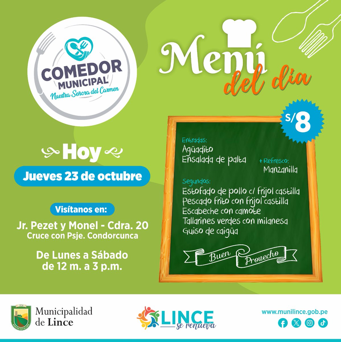 🍽️✨ ¡Hoy se come rico y a buen precio en Lince! ✨🍲
El Comedor Municipal Nuestra Señora del Carmen te espera con un delicioso menú casero por solo S/ 8. ❤️
🕛 De 12 m. a 3 p.m.
📍 Jr. Pezet y Monel – Cdra. 20, cruce con Psje. Condorcunca