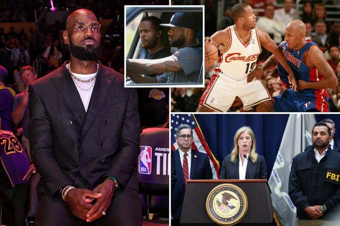 Collage of multiple photos including LeBron James sitting in a suit with NBA logo nearby, a man driving a car with another in passenger seat, basketball players in action on court wearing Cavaliers and Pistons jerseys, a woman speaking at podium with American flag, men in suits at a formal event, and a man in law enforcement uniform standing formally.