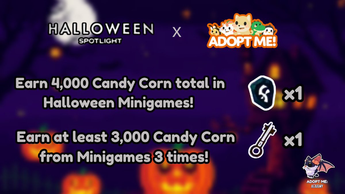 AdoptMeAcademy's tweet image. HALLOWEEN SPOTLIGHT x ADOPT ME 🧛♂️
- #1 QUEST: Earn 4,000 Candy Corn total in Halloween Minigames 🍬!
- #2 QUEST: Earn at least 3,000 Candy Corn from Minigames 3 times 🎃!
#AdoptMe #Roblox #HalloweenSpotlight