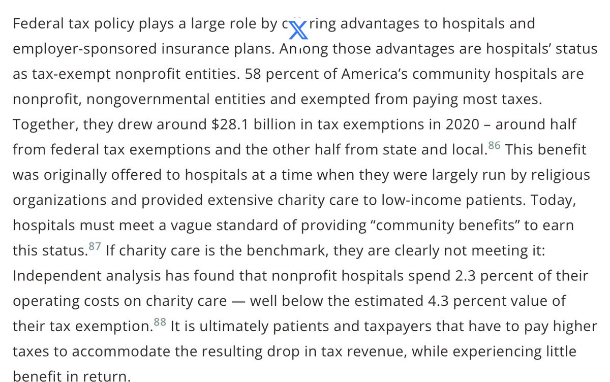 NiskanenCenter's tweet image. Yes. 58% of hospitals in America are exempt from paying most taxes.
This is a carryover from when hospitals provided extensive charity care to low-income patients.
Today? Not so much.