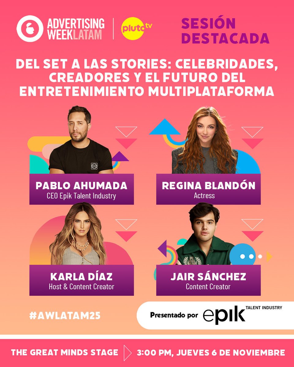 ¡Del set a las stories! 🚀
Charlamos sobre cómo las celebridades y creadores están reinventando el entretenimiento.

Con <a href="/pabloahum/">Pablo Ahumada</a> <a href="/ReginaBlandon/">Regina Blandón</a>, @karladiazof y <a href="/jairsanchezzz/">Jair Sanchez</a> ✨

📅 Jueves 6 de noviembre | 🕒 3:00 PM
#AWLATAM25 <a href="/advertisingweek/">Advertising Week</a>