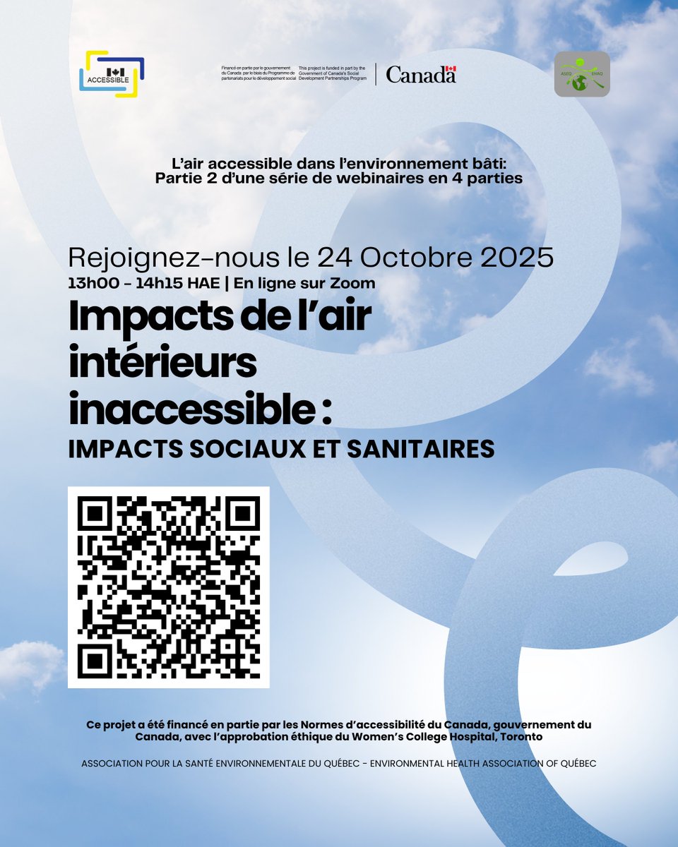 Participez au Webinaire 2 – Série “Un Air Accessible dans l’Environnement Bâti”

🗓 24 octobre 2025 | 🕐 13 h 00 – 14 h 15 HAE | 📍 En ligne sur Zoom

🔗 S’inscrire : us02web.zoom.us/meeting/regist…

#scmsensibilisation #écolessansparfums #droitderespirer #santéenvironnementale
#canada
