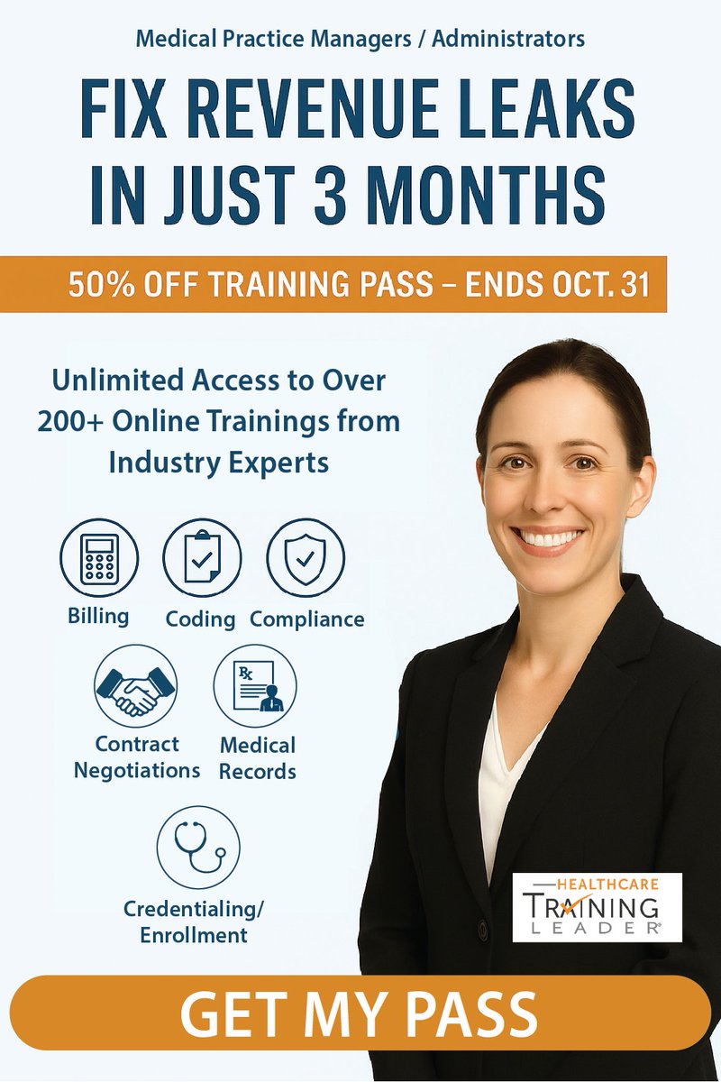 hc_traininglead's tweet image. Practice revenue slipping? Train smarter, not harder. Get 200+ expert-led sessions to fix denials & boost billing accuracy - 50% OFF until Oct. 31!
Get Your All Access Pass → hubs.ly/Q03PWpsV0
#PracticeManager #MedicalBilling #MedicalCoding